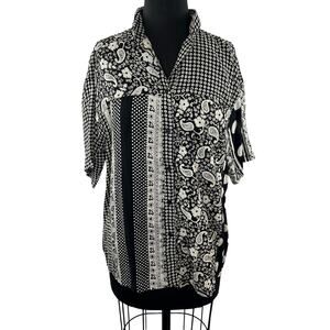 VTG SPORTIQUE Black White Mixed Print Short Sleeve Button Down Shirt Size S NEW